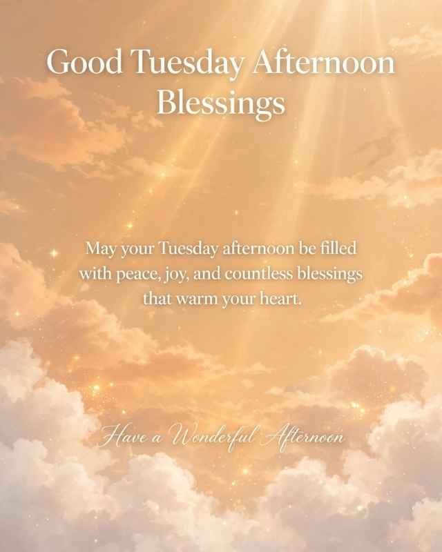 Tuesday Afternoon Blessings greeting card featuring a peaceful blue sky with soft white clouds above rolling green hills covered in colorful wildflowers. Text reads “TUESDAY AFTERNOON BLESSINGS”, followed by “May your Tuesday afternoon be filled with peace, joy, and beautiful blessings.” At the bottom, it says “Have a Blessed Afternoon.”