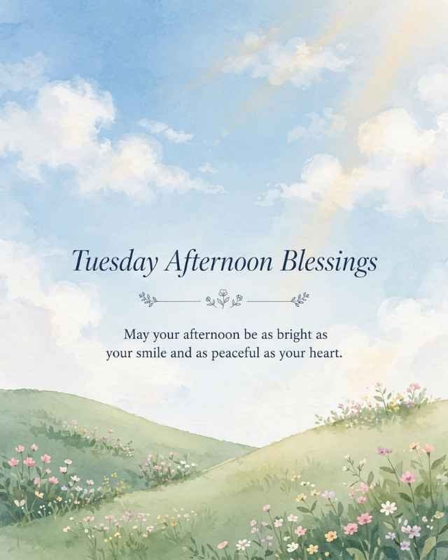 Tuesday Afternoon Blessings greeting card featuring a peaceful blue sky with soft white clouds above rolling green hills covered in colorful wildflowers. Text reads “TUESDAY AFTERNOON BLESSINGS”, followed by “May your Tuesday afternoon be filled with peace, joy, and beautiful blessings.” At the bottom, it says “Have a Blessed Afternoon.”