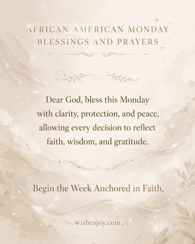 “African American Monday Blessings greeting image featuring a Black woman in profile overlooking a peaceful mountain landscape at sunrise, with warm golden sunlight and clouds. Text reads ‘African American Monday Blessings’ and offers a message of faith, strength, God’s grace, and encouragement. WishesJoy.com”