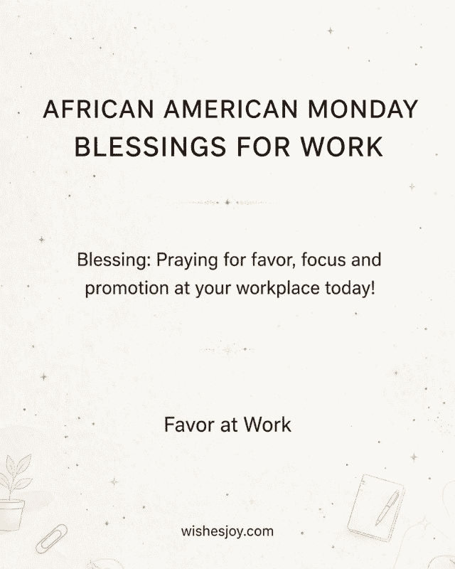 “African American Monday Blessings greeting image featuring a Black woman in profile overlooking a peaceful mountain landscape at sunrise, with warm golden sunlight and clouds. Text reads ‘African American Monday Blessings’ and offers a message of faith, strength, God’s grace, and encouragement. WishesJoy.com”