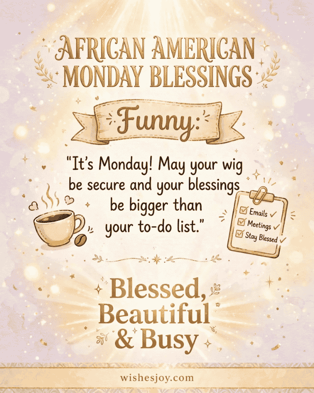 “African American Monday Blessings greeting image featuring a Black woman in profile overlooking a peaceful mountain landscape at sunrise, with warm golden sunlight and clouds. Text reads ‘African American Monday Blessings’ and offers a message of faith, strength, God’s grace, and encouragement. WishesJoy.com”