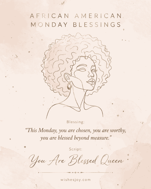 “African American Monday Blessings greeting image featuring a Black woman in profile overlooking a peaceful mountain landscape at sunrise, with warm golden sunlight and clouds. Text reads ‘African American Monday Blessings’ and offers a message of faith, strength, God’s grace, and encouragement. WishesJoy.com”