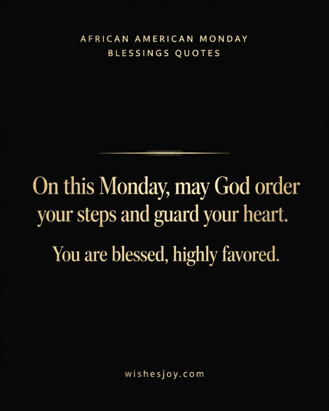 “African American Monday Blessings greeting image featuring a Black woman in profile overlooking a peaceful mountain landscape at sunrise, with warm golden sunlight and clouds. Text reads ‘African American Monday Blessings’ and offers a message of faith, strength, God’s grace, and encouragement. WishesJoy.com”