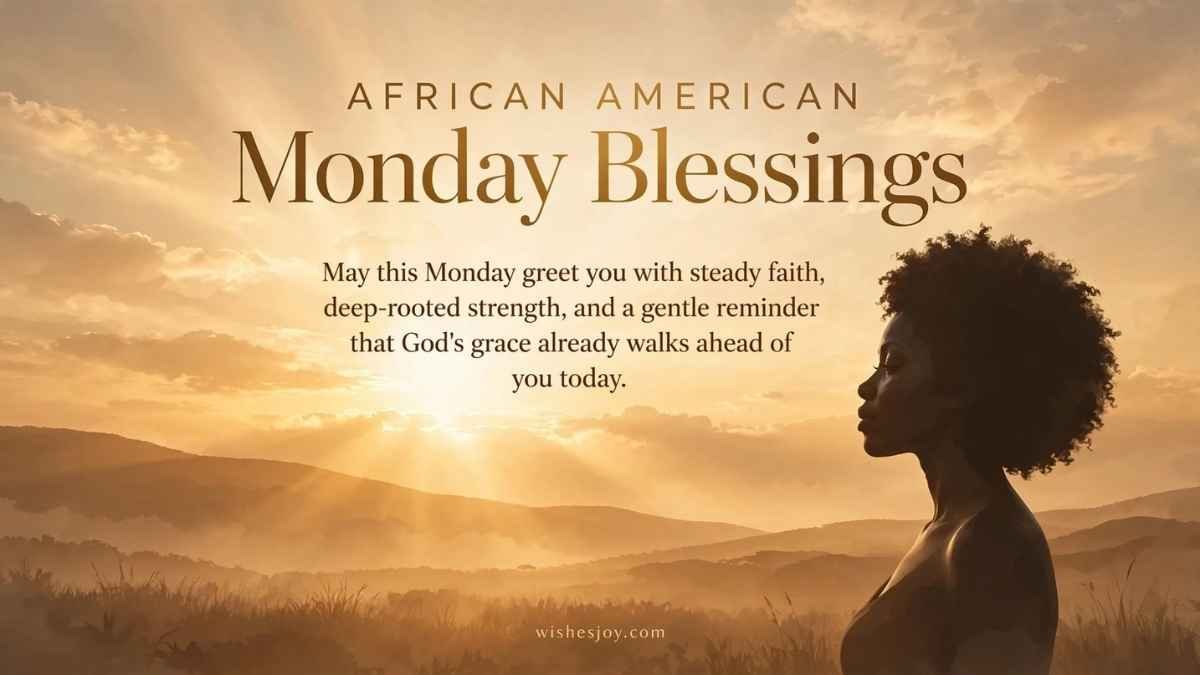 “African American Monday Blessings greeting image featuring a Black woman in profile overlooking a peaceful mountain landscape at sunrise, with warm golden sunlight and clouds. Text reads ‘African American Monday Blessings’ and offers a message of faith, strength, God’s grace, and encouragement. WishesJoy.com”