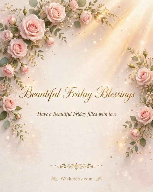 Positive Friday Blessings greeting card with a soft pastel watercolor background, featuring large pink peony flowers and green leafy branches around the four corners. The center text reads “POSITIVE Friday Blessings”. Below it says, “May this Friday wrap your heart in peace and your soul in joy, reminding you that every ending is just a new beginning in disguise.” The bottom includes the website text “WishesJoy.com.”