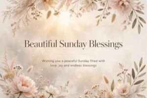 Elegant floral Sunday blessings card with soft pastel flowers, greenery, and a warm beige background. Text reads “Beautiful Sunday Blessings” and “Wishing you a peaceful Sunday filled with love, joy and endless blessings.”