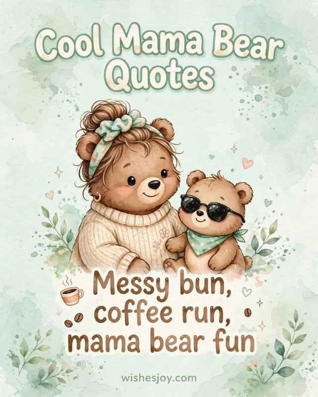 Sweet Mama Bear Quotes greeting card with a soft watercolor background and delicate pink flowers, green leaves, and floral branches decorating the edges. Center text reads “Sweet Mama Bear Quotes” with a small floral divider below. The subtitle reads “heartfelt words of love, strength & comfort.”