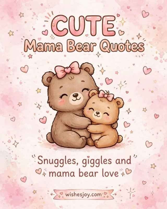 Sweet Mama Bear Quotes greeting card with a soft watercolor background and delicate pink flowers, green leaves, and floral branches decorating the edges. Center text reads “Sweet Mama Bear Quotes” with a small floral divider below. The subtitle reads “heartfelt words of love, strength & comfort.”