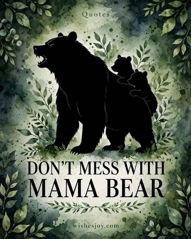 Sweet Mama Bear Quotes greeting card with a soft watercolor background and delicate pink flowers, green leaves, and floral branches decorating the edges. Center text reads “Sweet Mama Bear Quotes” with a small floral divider below. The subtitle reads “heartfelt words of love, strength & comfort.”