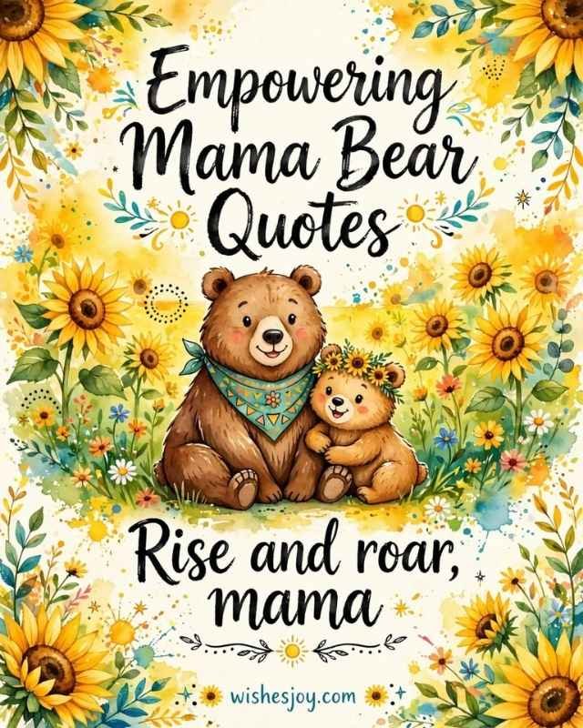 Sweet Mama Bear Quotes greeting card with a soft watercolor background and delicate pink flowers, green leaves, and floral branches decorating the edges. Center text reads “Sweet Mama Bear Quotes” with a small floral divider below. The subtitle reads “heartfelt words of love, strength & comfort.”