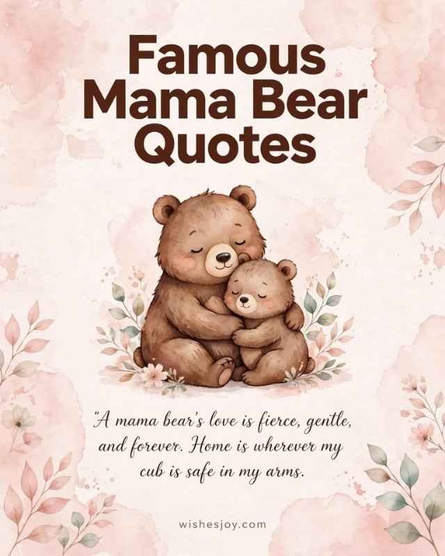 Sweet Mama Bear Quotes greeting card with a soft watercolor background and delicate pink flowers, green leaves, and floral branches decorating the edges. Center text reads “Sweet Mama Bear Quotes” with a small floral divider below. The subtitle reads “heartfelt words of love, strength & comfort.”