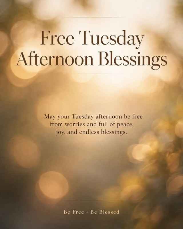 Tuesday Afternoon Blessings greeting card featuring a peaceful blue sky with soft white clouds above rolling green hills covered in colorful wildflowers. Text reads “TUESDAY AFTERNOON BLESSINGS”, followed by “May your Tuesday afternoon be filled with peace, joy, and beautiful blessings.” At the bottom, it says “Have a Blessed Afternoon.”