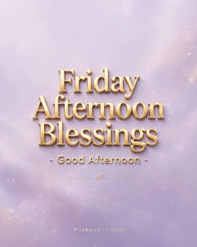 Positive Friday Blessings greeting card with a soft pastel watercolor background, featuring large pink peony flowers and green leafy branches around the four corners. The center text reads “POSITIVE Friday Blessings”. Below it says, “May this Friday wrap your heart in peace and your soul in joy, reminding you that every ending is just a new beginning in disguise.” The bottom includes the website text “WishesJoy.com.”
