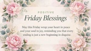 Positive Friday Blessings greeting card with a soft pastel watercolor background, featuring large pink peony flowers and green leafy branches around the four corners. The center text reads “POSITIVE Friday Blessings”. Below it says, “May this Friday wrap your heart in peace and your soul in joy, reminding you that every ending is just a new beginning in disguise.” The bottom includes the website text “WishesJoy.com.”