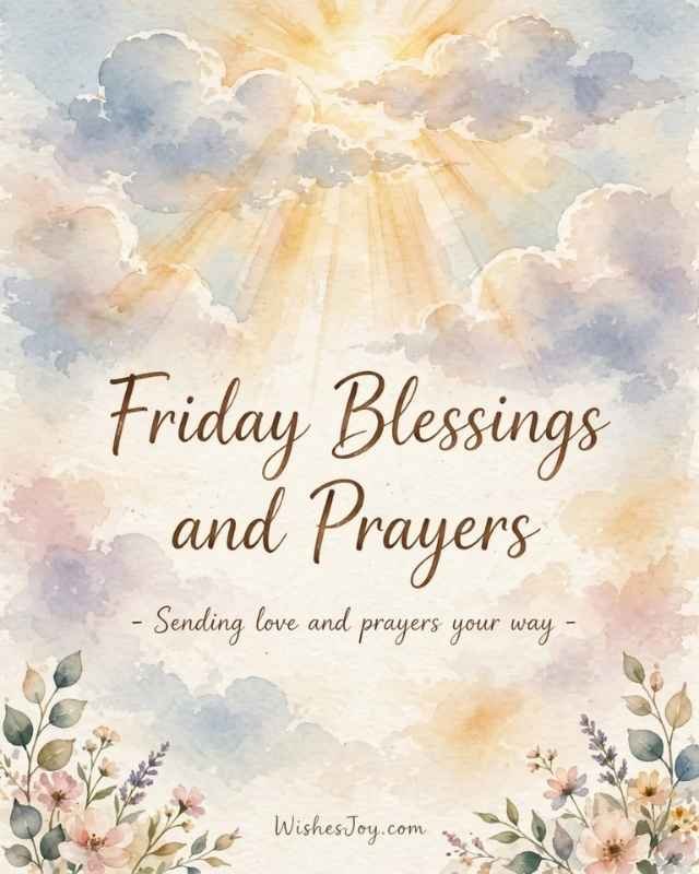 Friday Blessings greeting card with a soft pastel watercolor background, featuring large pink peony flowers and green leafy branches around the four corners. The center text reads “POSITIVE Friday Blessings”. Below it says, “May this Friday wrap your heart in peace and your soul in joy, reminding you that every ending is just a new beginning in disguise.” The bottom includes the website text “WishesJoy.com.”