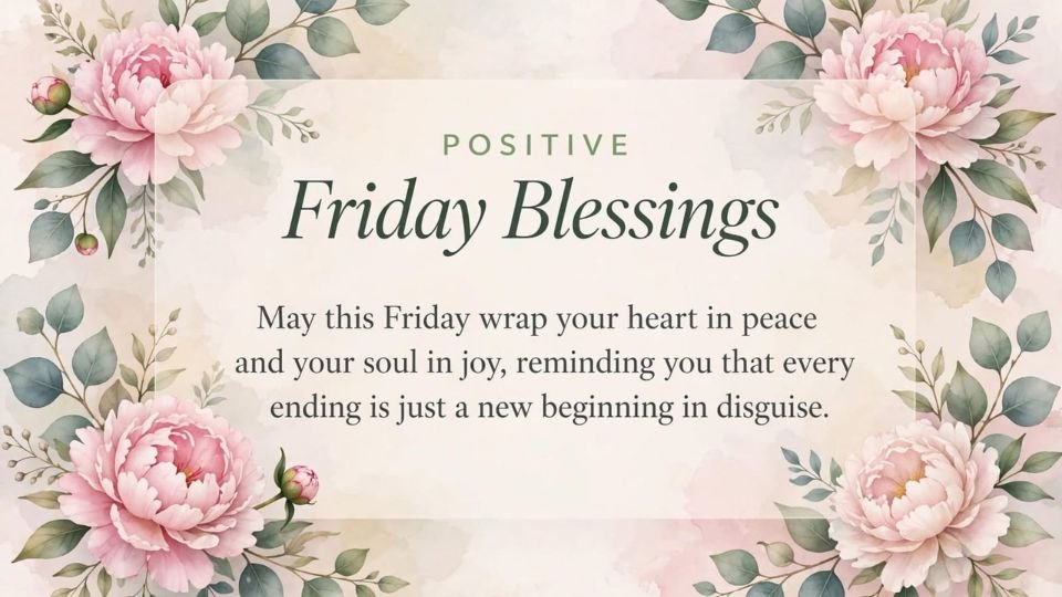 Positive Friday Blessings greeting card with a soft pastel watercolor background, featuring large pink peony flowers and green leafy branches around the four corners. The center text reads “POSITIVE Friday Blessings”. Below it says, “May this Friday wrap your heart in peace and your soul in joy, reminding you that every ending is just a new beginning in disguise.” The bottom includes the website text “WishesJoy.com.”