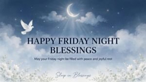 Happy Friday Night Blessings greeting card featuring a peaceful night sky with a glowing crescent moon, stars, soft clouds, and a white dove flying beneath the moon. Beautiful white and pale blue flowers with delicate leaves decorate the bottom corners. Text reads “HAPPY FRIDAY NIGHT BLESSINGS”, followed by “May your Friday night be filled with peace and joyful rest” and “Sleep in Blessings.”