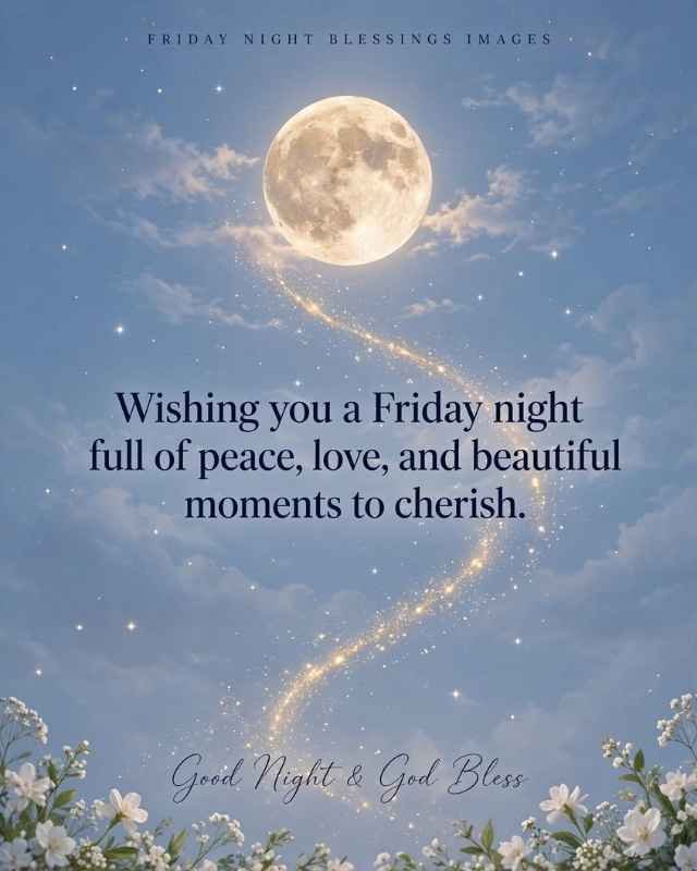 Happy Friday Night Blessings greeting card featuring a peaceful night sky with a glowing crescent moon, stars, soft clouds, and a white dove flying beneath the moon. Beautiful white and pale blue flowers with delicate leaves decorate the bottom corners. Text reads “HAPPY FRIDAY NIGHT BLESSINGS”, followed by “May your Friday night be filled with peace and joyful rest” and “Sleep in Blessings.”