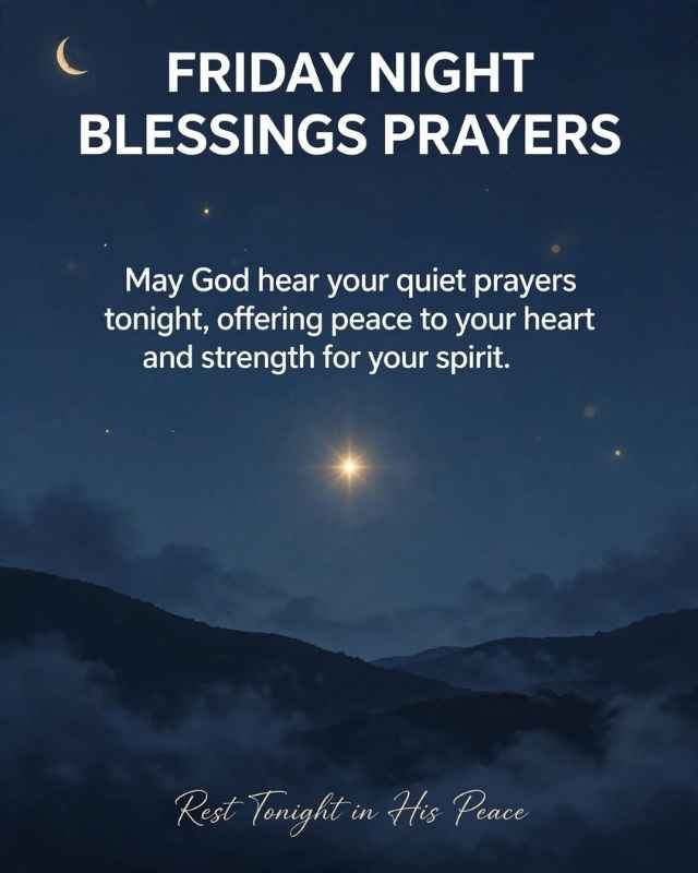 Happy Friday Night Blessings greeting card featuring a peaceful night sky with a glowing crescent moon, stars, soft clouds, and a white dove flying beneath the moon. Beautiful white and pale blue flowers with delicate leaves decorate the bottom corners. Text reads “HAPPY FRIDAY NIGHT BLESSINGS”, followed by “May your Friday night be filled with peace and joyful rest” and “Sleep in Blessings.”