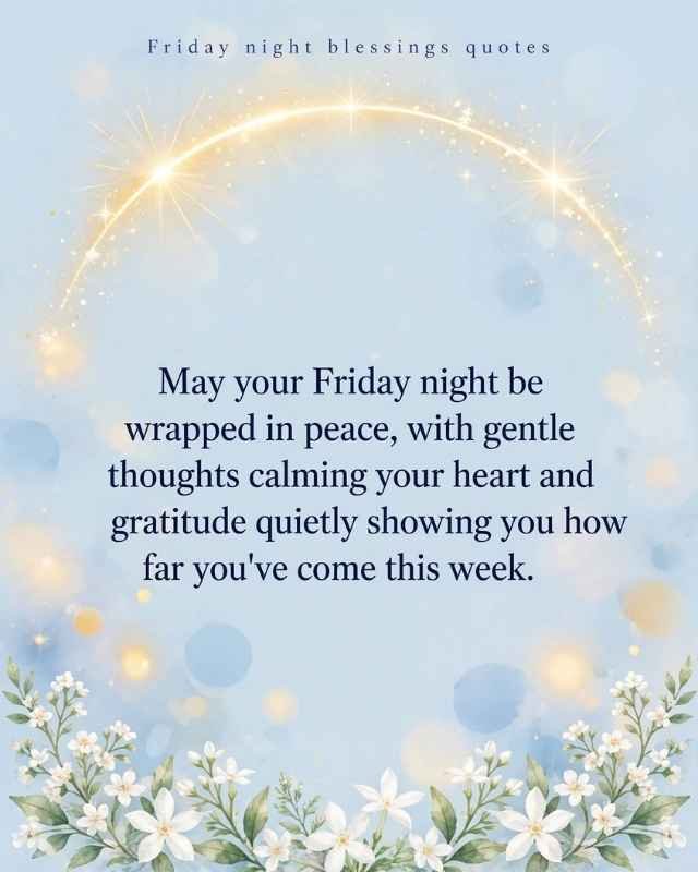 Happy Friday Night Blessings greeting card featuring a peaceful night sky with a glowing crescent moon, stars, soft clouds, and a white dove flying beneath the moon. Beautiful white and pale blue flowers with delicate leaves decorate the bottom corners. Text reads “HAPPY FRIDAY NIGHT BLESSINGS”, followed by “May your Friday night be filled with peace and joyful rest” and “Sleep in Blessings.”