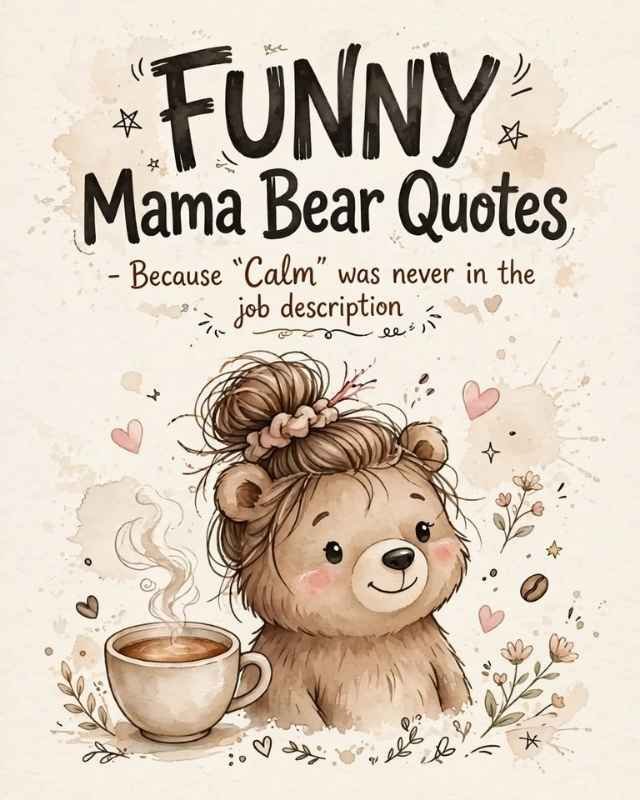 Sweet Mama Bear Quotes greeting card with a soft watercolor background and delicate pink flowers, green leaves, and floral branches decorating the edges. Center text reads “Sweet Mama Bear Quotes” with a small floral divider below. The subtitle reads “heartfelt words of love, strength & comfort.”