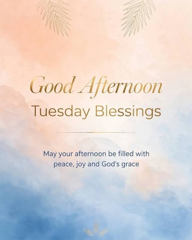 “Thankful Tuesday Blessings greeting image with a peaceful watercolor background, tropical green leaves, and a message wishing God’s guidance, peace, and calm throughout Tuesday — WishesJoy.com”