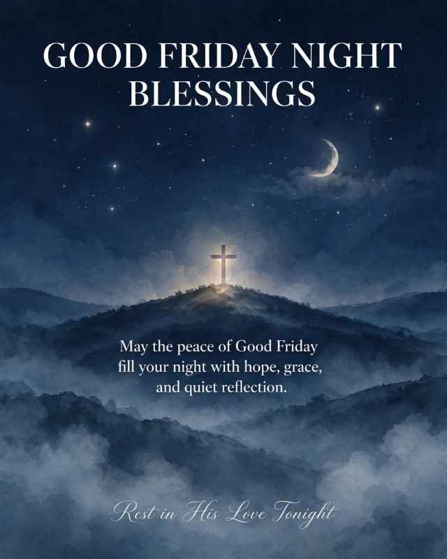 Happy Friday Night Blessings greeting card featuring a peaceful night sky with a glowing crescent moon, stars, soft clouds, and a white dove flying beneath the moon. Beautiful white and pale blue flowers with delicate leaves decorate the bottom corners. Text reads “HAPPY FRIDAY NIGHT BLESSINGS”, followed by “May your Friday night be filled with peace and joyful rest” and “Sleep in Blessings.”
