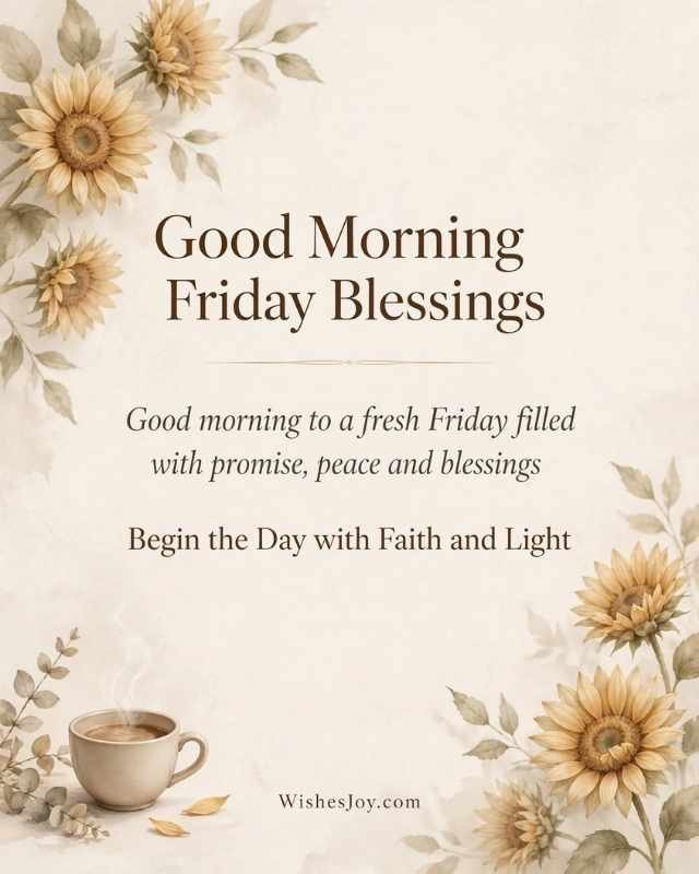 Positive Friday Blessings greeting card with a soft pastel watercolor background, featuring large pink peony flowers and green leafy branches around the four corners. The center text reads “POSITIVE Friday Blessings”. Below it says, “May this Friday wrap your heart in peace and your soul in joy, reminding you that every ending is just a new beginning in disguise.” The bottom includes the website text “WishesJoy.com.”