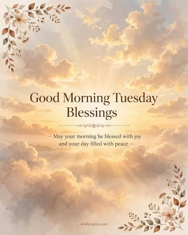 “Thankful Tuesday Blessings greeting image with a peaceful watercolor background, tropical green leaves, and a message wishing God’s guidance, peace, and calm throughout Tuesday — WishesJoy.com”