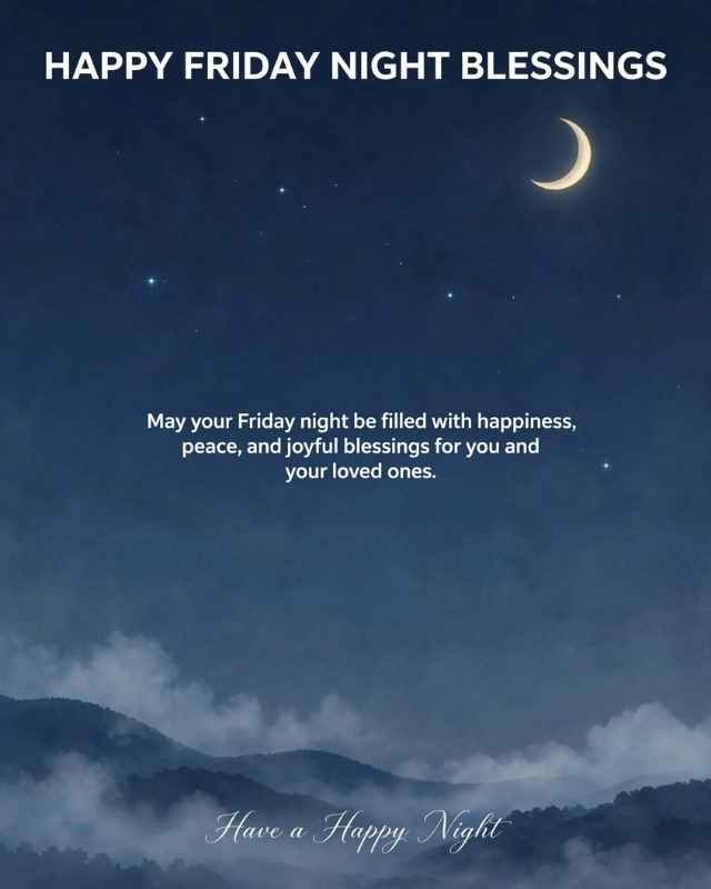 Happy Friday Night Blessings greeting card featuring a peaceful night sky with a glowing crescent moon, stars, soft clouds, and a white dove flying beneath the moon. Beautiful white and pale blue flowers with delicate leaves decorate the bottom corners. Text reads “HAPPY FRIDAY NIGHT BLESSINGS”, followed by “May your Friday night be filled with peace and joyful rest” and “Sleep in Blessings.”