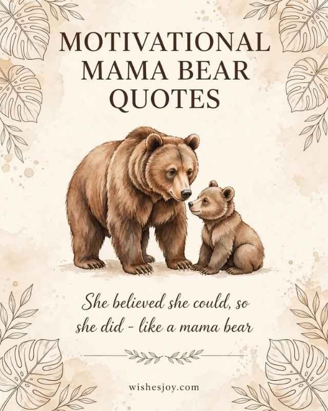 Sweet Mama Bear Quotes greeting card with a soft watercolor background and delicate pink flowers, green leaves, and floral branches decorating the edges. Center text reads “Sweet Mama Bear Quotes” with a small floral divider below. The subtitle reads “heartfelt words of love, strength & comfort.”