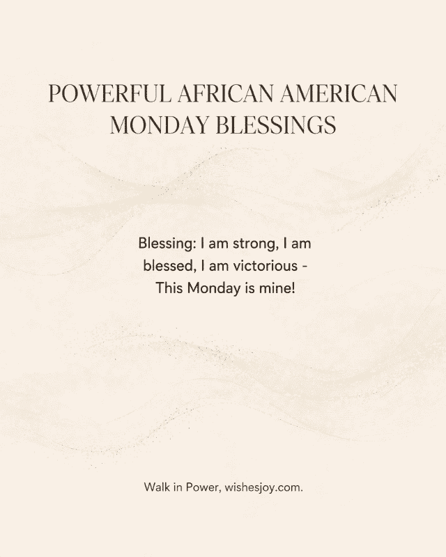“African American Monday Blessings greeting image featuring a Black woman in profile overlooking a peaceful mountain landscape at sunrise, with warm golden sunlight and clouds. Text reads ‘African American Monday Blessings’ and offers a message of faith, strength, God’s grace, and encouragement. WishesJoy.com”