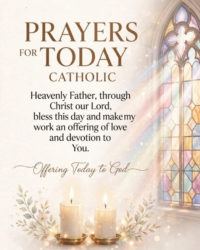  Prayers for Today card on webpage 120 Prayers for Today Powerful Short Daily Catholic Inspirational and Images, with tropical palm leaves border and text Lord on this Wednesday steady my heart in faith and give me patience to walk through today with purpose trust and quiet strength