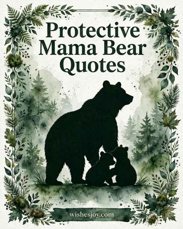 Sweet Mama Bear Quotes greeting card with a soft watercolor background and delicate pink flowers, green leaves, and floral branches decorating the edges. Center text reads “Sweet Mama Bear Quotes” with a small floral divider below. The subtitle reads “heartfelt words of love, strength & comfort.”