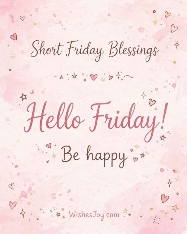 Positive Friday Blessings greeting card with a soft pastel watercolor background, featuring large pink peony flowers and green leafy branches around the four corners. The center text reads “POSITIVE Friday Blessings”. Below it says, “May this Friday wrap your heart in peace and your soul in joy, reminding you that every ending is just a new beginning in disguise.” The bottom includes the website text “WishesJoy.com.”