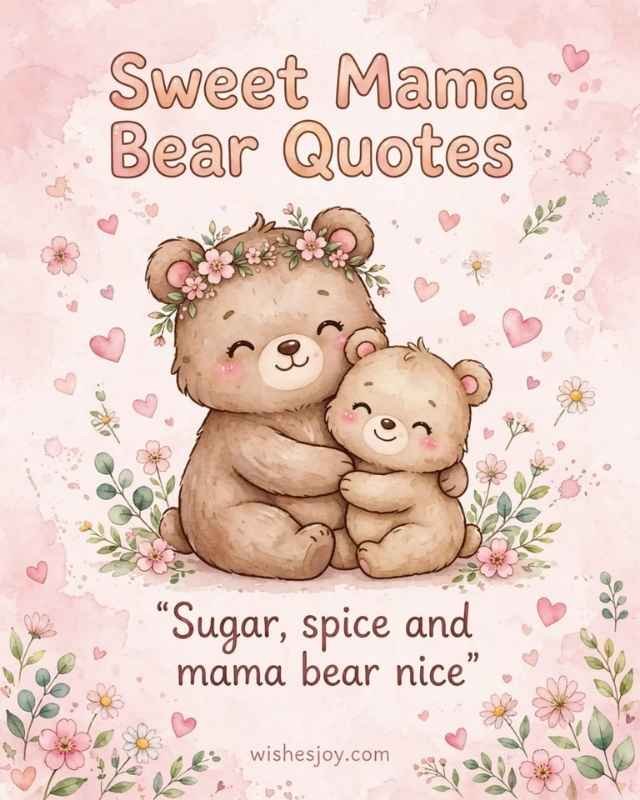 Sweet Mama Bear Quotes greeting card with a soft watercolor background and delicate pink flowers, green leaves, and floral branches decorating the edges. Center text reads “Sweet Mama Bear Quotes” with a small floral divider below. The subtitle reads “heartfelt words of love, strength & comfort.”