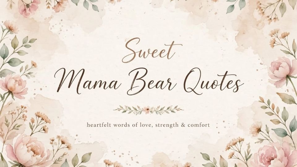 Sweet Mama Bear Quotes greeting card with a soft watercolor background and delicate pink flowers, green leaves, and floral branches decorating the edges. Center text reads “Sweet Mama Bear Quotes” with a small floral divider below. The subtitle reads “heartfelt words of love, strength & comfort.”