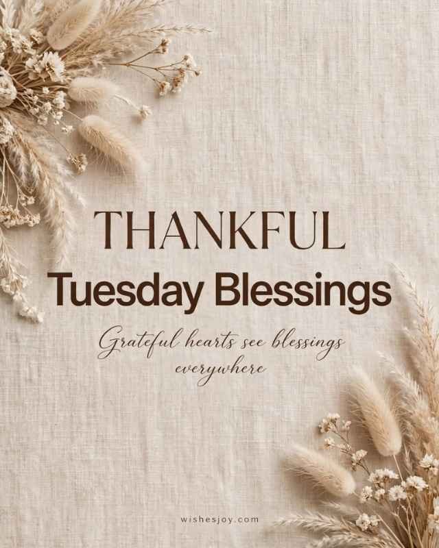 “Thankful Tuesday Blessings greeting image with a peaceful watercolor background, tropical green leaves, and a message wishing God’s guidance, peace, and calm throughout Tuesday — WishesJoy.com”