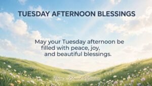 Tuesday Afternoon Blessings greeting card featuring a peaceful blue sky with soft white clouds above rolling green hills covered in colorful wildflowers. Text reads “TUESDAY AFTERNOON BLESSINGS”, followed by “May your Tuesday afternoon be filled with peace, joy, and beautiful blessings.” At the bottom, it says “Have a Blessed Afternoon.”