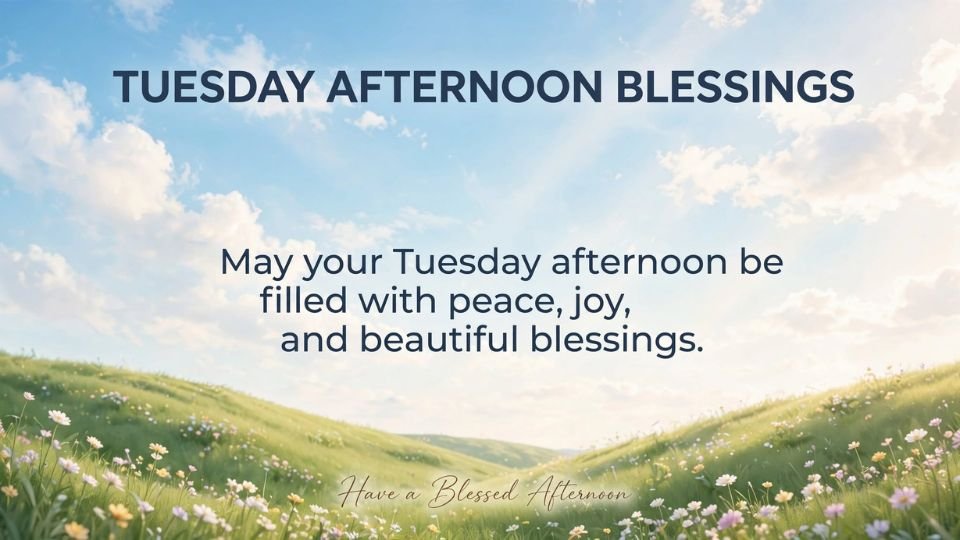 Tuesday Afternoon Blessings greeting card featuring a peaceful blue sky with soft white clouds above rolling green hills covered in colorful wildflowers. Text reads “TUESDAY AFTERNOON BLESSINGS”, followed by “May your Tuesday afternoon be filled with peace, joy, and beautiful blessings.” At the bottom, it says “Have a Blessed Afternoon.”