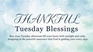 “Thankful Tuesday Blessings greeting image with a peaceful watercolor background, tropical green leaves, and a message wishing God’s guidance, peace, and calm throughout Tuesday — WishesJoy.com”
