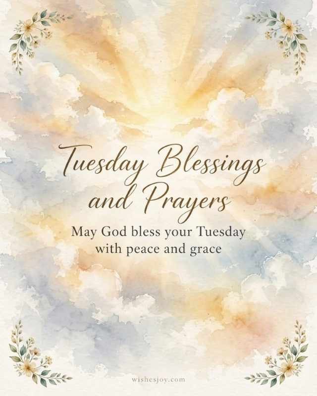 “Thankful Tuesday Blessings greeting image with a peaceful watercolor background, tropical green leaves, and a message wishing God’s guidance, peace, and calm throughout Tuesday — WishesJoy.com”
