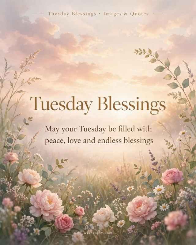 “Thankful Tuesday Blessings greeting image with a peaceful watercolor background, tropical green leaves, and a message wishing God’s guidance, peace, and calm throughout Tuesday — WishesJoy.com”