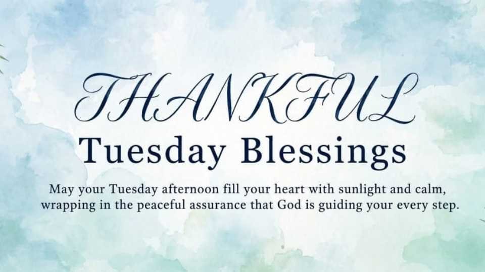 “Thankful Tuesday Blessings greeting image with a peaceful watercolor background, tropical green leaves, and a message wishing God’s guidance, peace, and calm throughout Tuesday — WishesJoy.com”