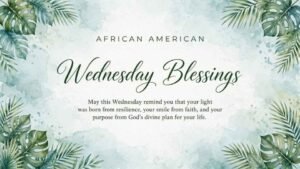 African American Wednesday Blessings graphic with a soft blue and white watercolor background, surrounded by green tropical leaves and palm foliage. The center features the text “AFRICAN AMERICAN Wednesday Blessings” and a message about resilience, faith, and God’s divine plan. Website: WishesJoy.com.