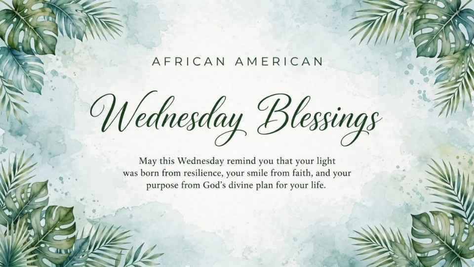 African American Wednesday Blessings graphic with a soft blue and white watercolor background, surrounded by green tropical leaves and palm foliage. The center features the text “AFRICAN AMERICAN Wednesday Blessings” and a message about resilience, faith, and God’s divine plan. Website: WishesJoy.com.