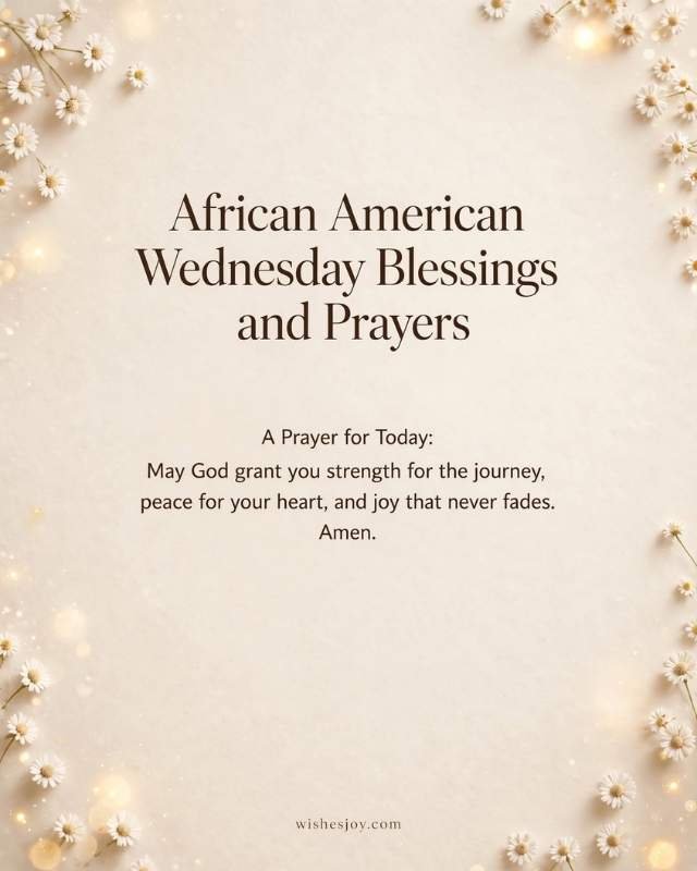 African American Wednesday Blessings graphic with a soft blue and white watercolor background, surrounded by green tropical leaves and palm foliage. The center features the text “AFRICAN AMERICAN Wednesday Blessings” and a message about resilience, faith, and God’s divine plan. Website: WishesJoy.com.