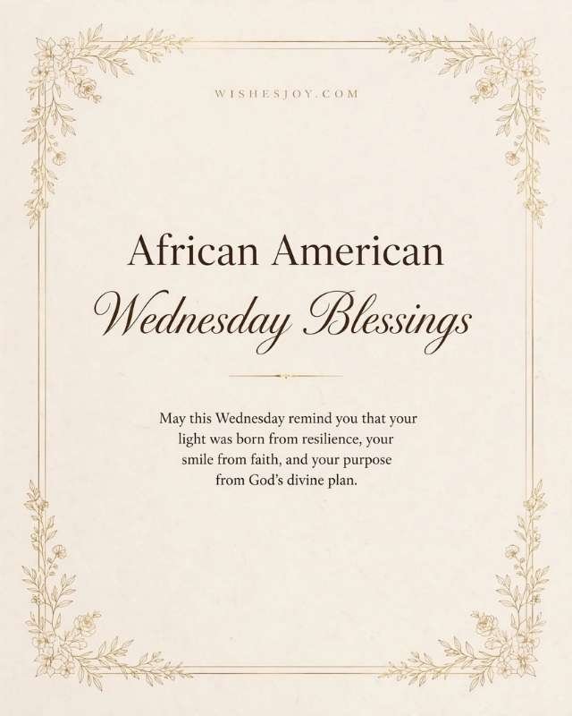 African American Wednesday Blessings graphic with a soft blue and white watercolor background, surrounded by green tropical leaves and palm foliage. The center features the text “AFRICAN AMERICAN Wednesday Blessings” and a message about resilience, faith, and God’s divine plan. Website: WishesJoy.com.