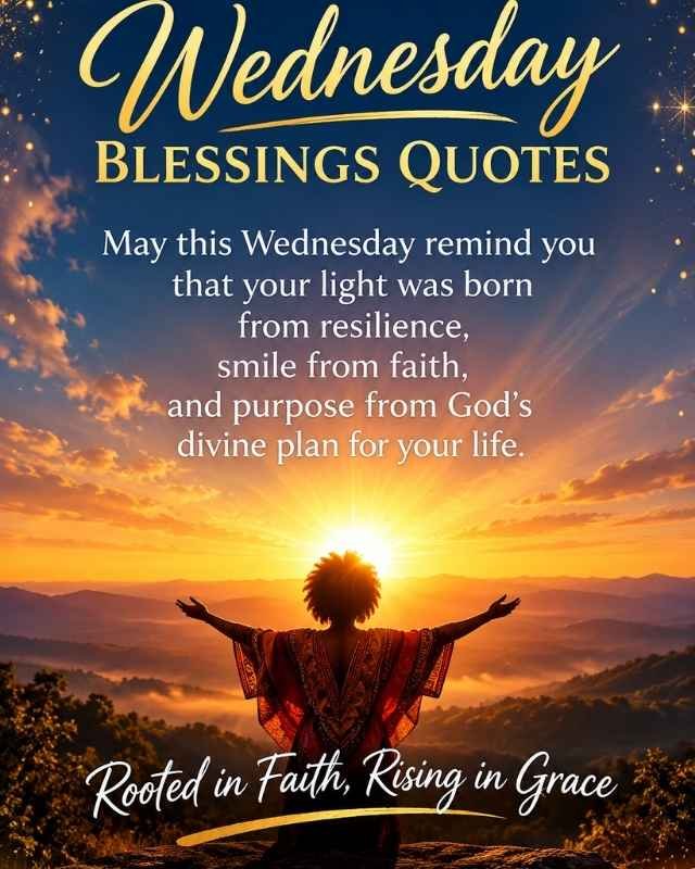 African American Wednesday Blessings graphic with a soft blue and white watercolor background, surrounded by green tropical leaves and palm foliage. The center features the text “AFRICAN AMERICAN Wednesday Blessings” and a message about resilience, faith, and God’s divine plan. Website: WishesJoy.com.