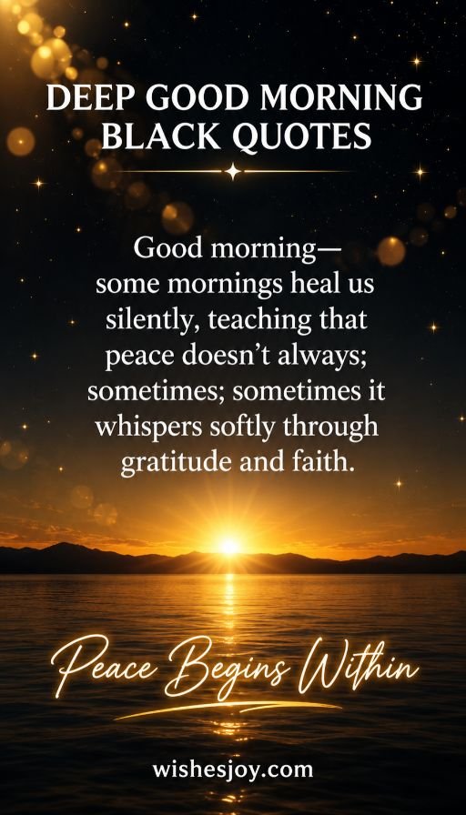 Deep Good Morning Black Quotes – Inspirational morning quotes about inner peace, gratitude, and faith with a golden sunrise, by WishesJoy.com.